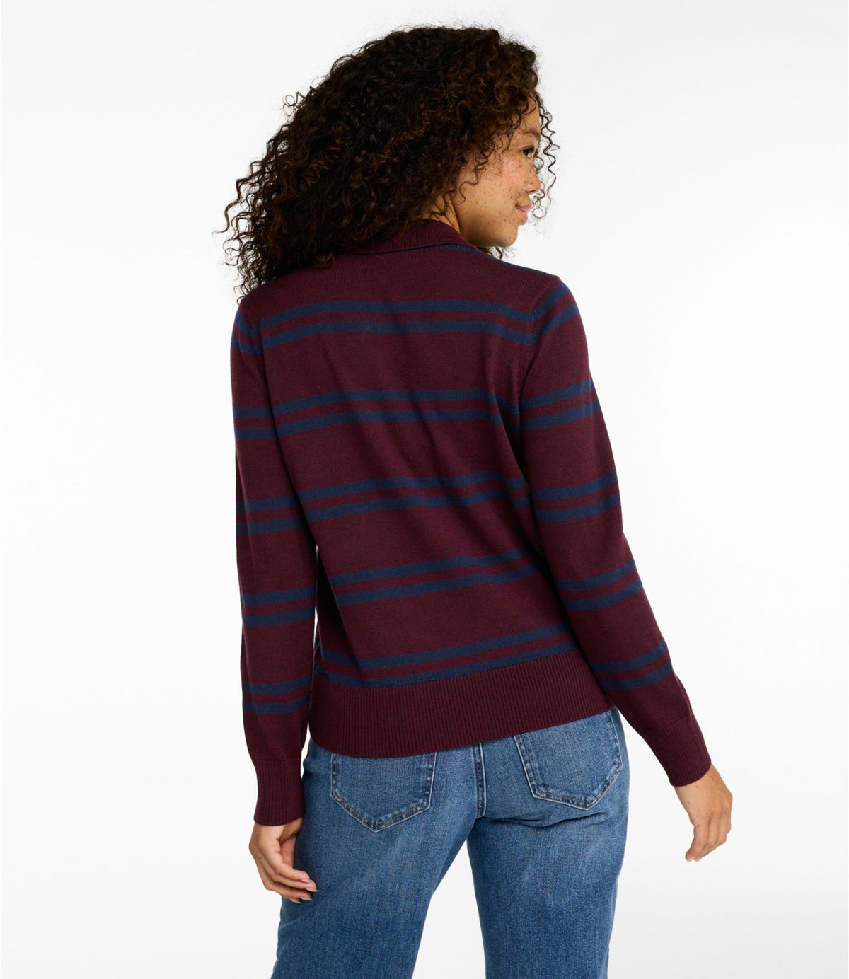 L.L.Bean Women's Essential Merino Wool Sweater, Polo Stripe Fig Heather/Classic Navy
