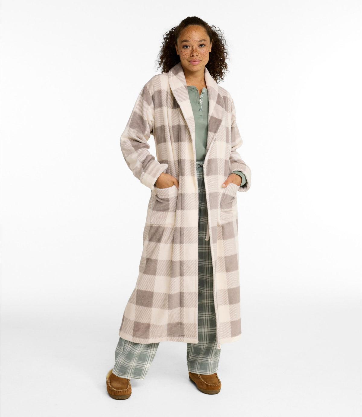 L.L.Bean Women's Soft Plush Terry Robe, Plaid Cream/Heritage Tan Plaid