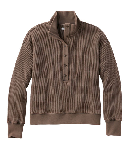 L.L.Bean Women's Sunwashed Waffle Top, Mockneck Henley Dark Cinder