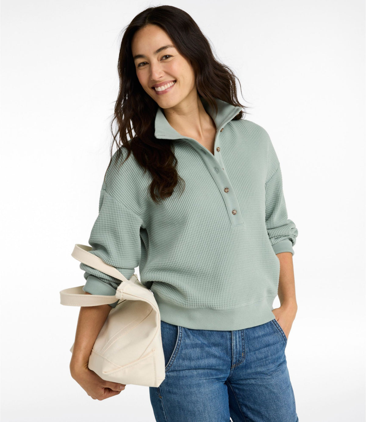L.L.Bean Women's Sunwashed Waffle Top, Mockneck Henley Dark Cinder