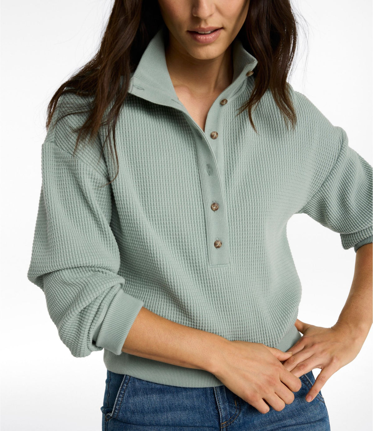 L.L.Bean Women's Sunwashed Waffle Top, Mockneck Henley Dark Cinder