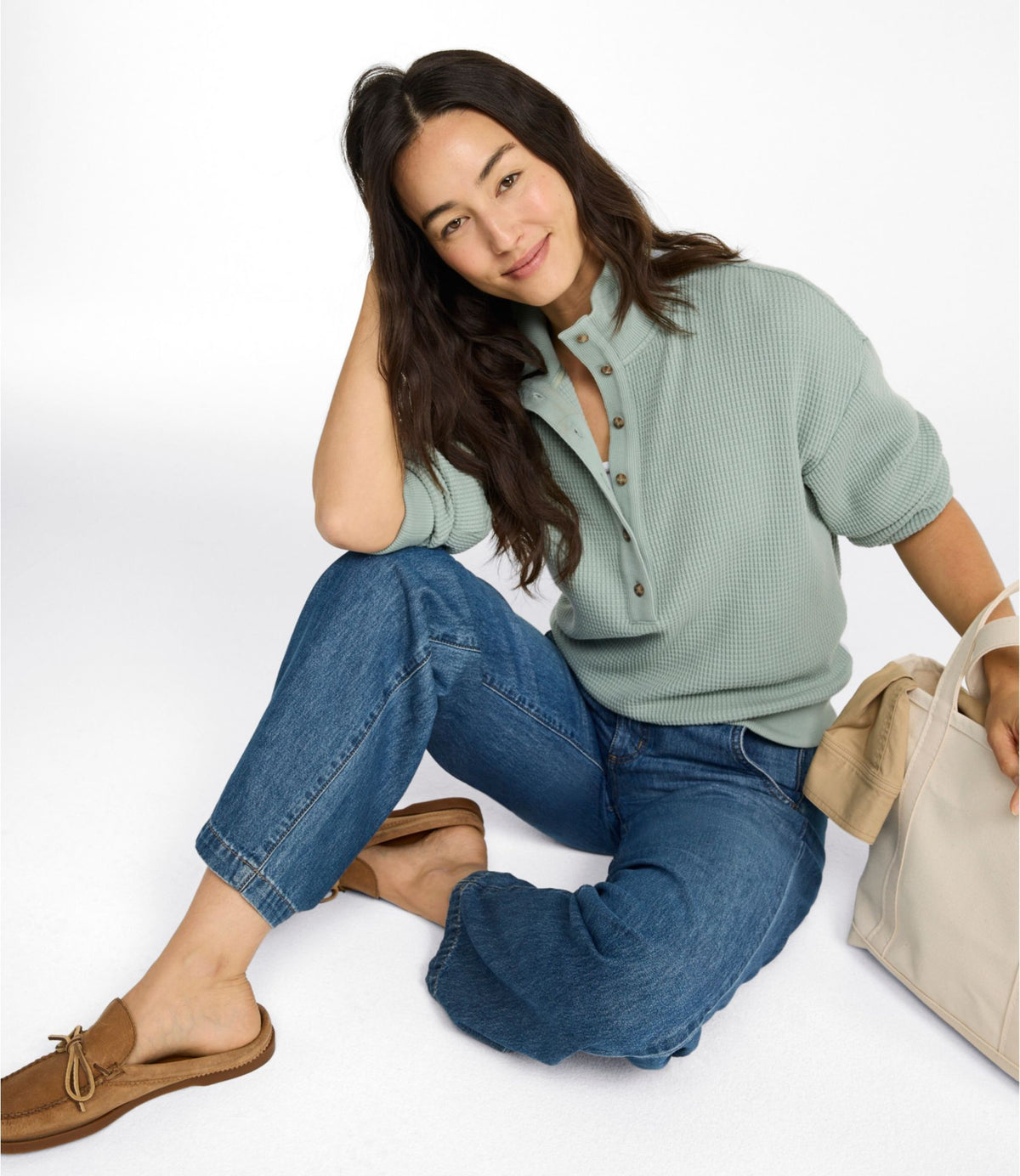 L.L.Bean Women's Sunwashed Waffle Top, Mockneck Henley Dark Cinder