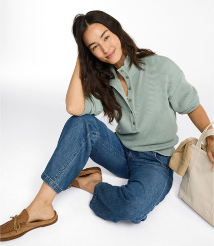 L.L.Bean Women's Sunwashed Waffle Top, Mockneck Henley Dark Cinder