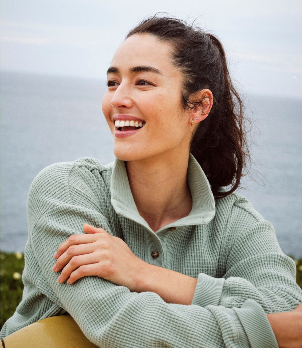 L.L.Bean Women's Sunwashed Waffle Top, Mockneck Henley Dark Cinder
