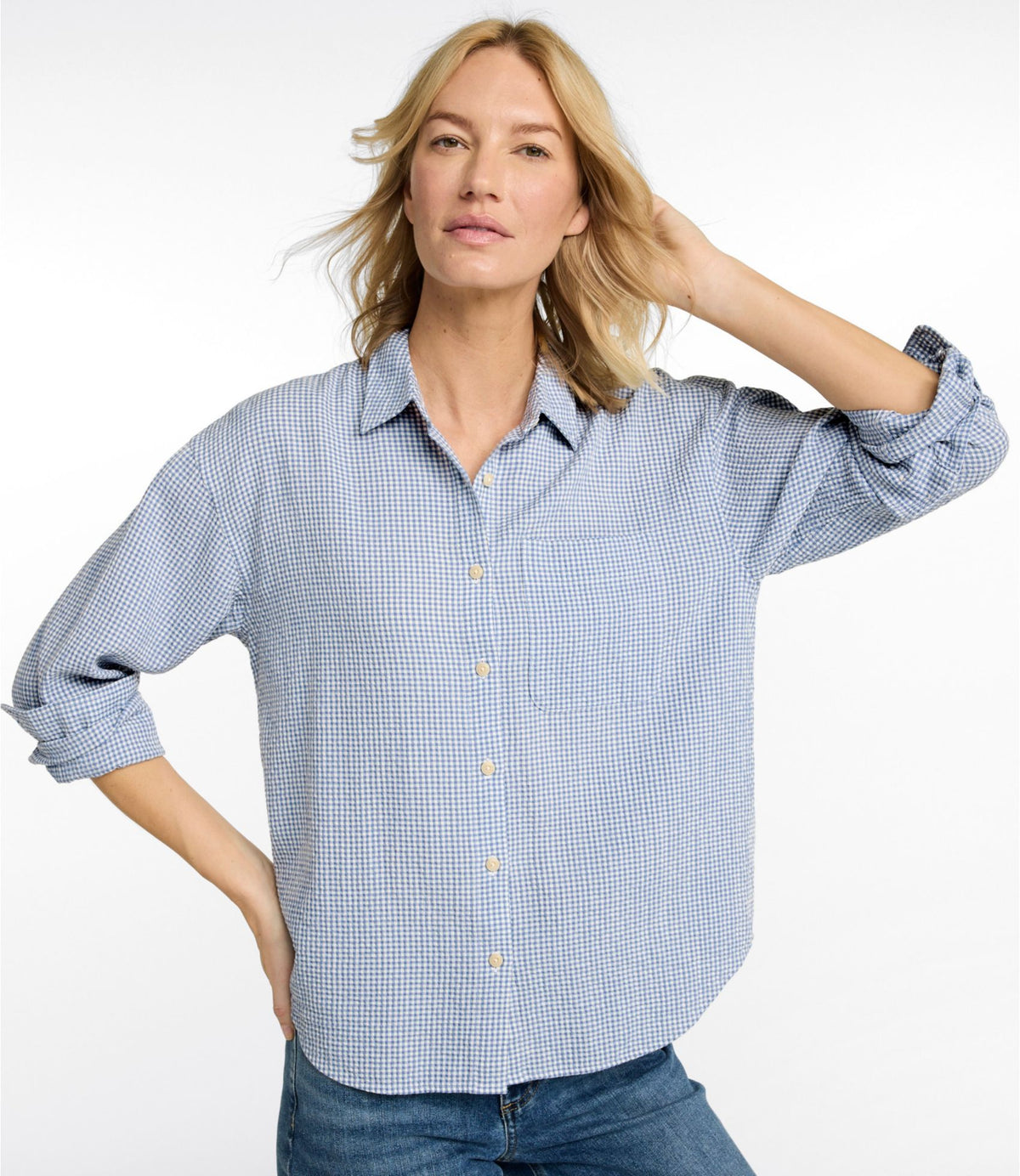 L.L.Bean Women's Sunwashed Textured Big Shirt Deep Lake Check