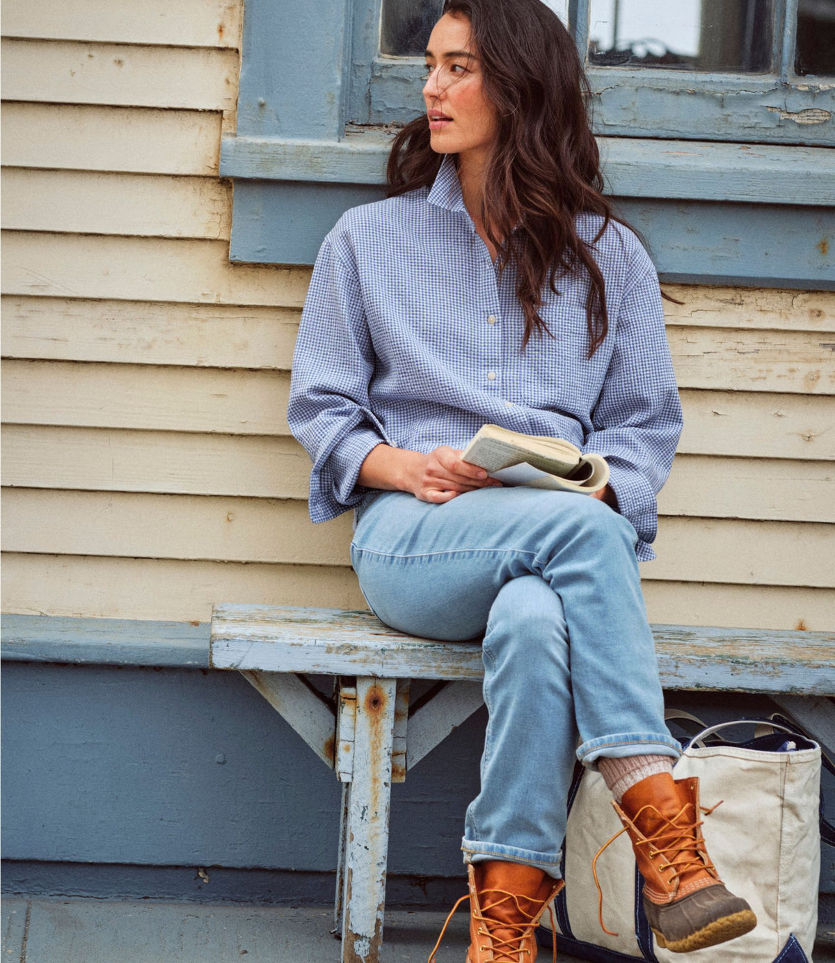 L.L.Bean Women's Sunwashed Textured Big Shirt Deep Lake Check