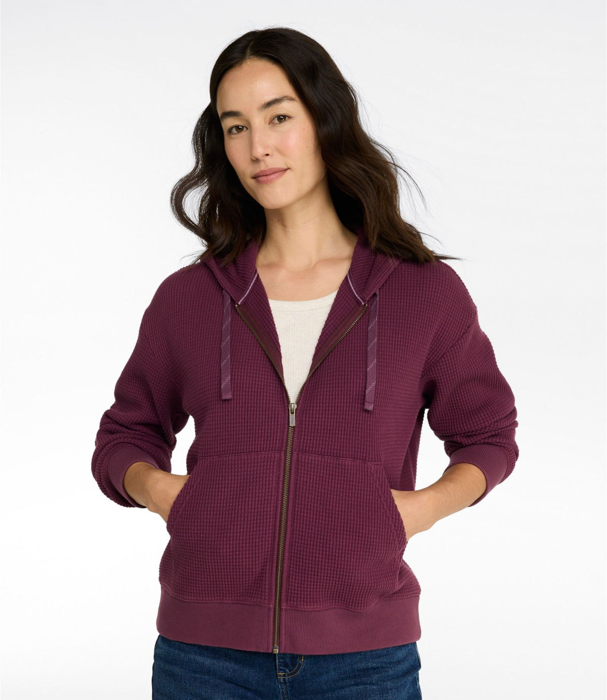 L.L.Bean Women's Sunwashed Waffle Top, Full-Zip Hoodie Dark Cinder