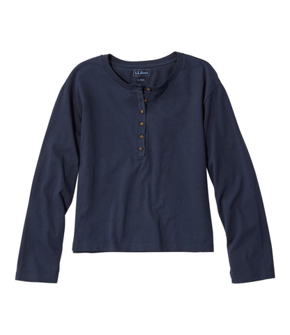 L.L.Bean Women's Sunwashed Tee, Long-Sleeve Cropped Boxy Henley Classic Navy