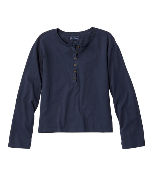 L.L.Bean Women's Sunwashed Tee, Long-Sleeve Cropped Boxy Henley Classic Navy
