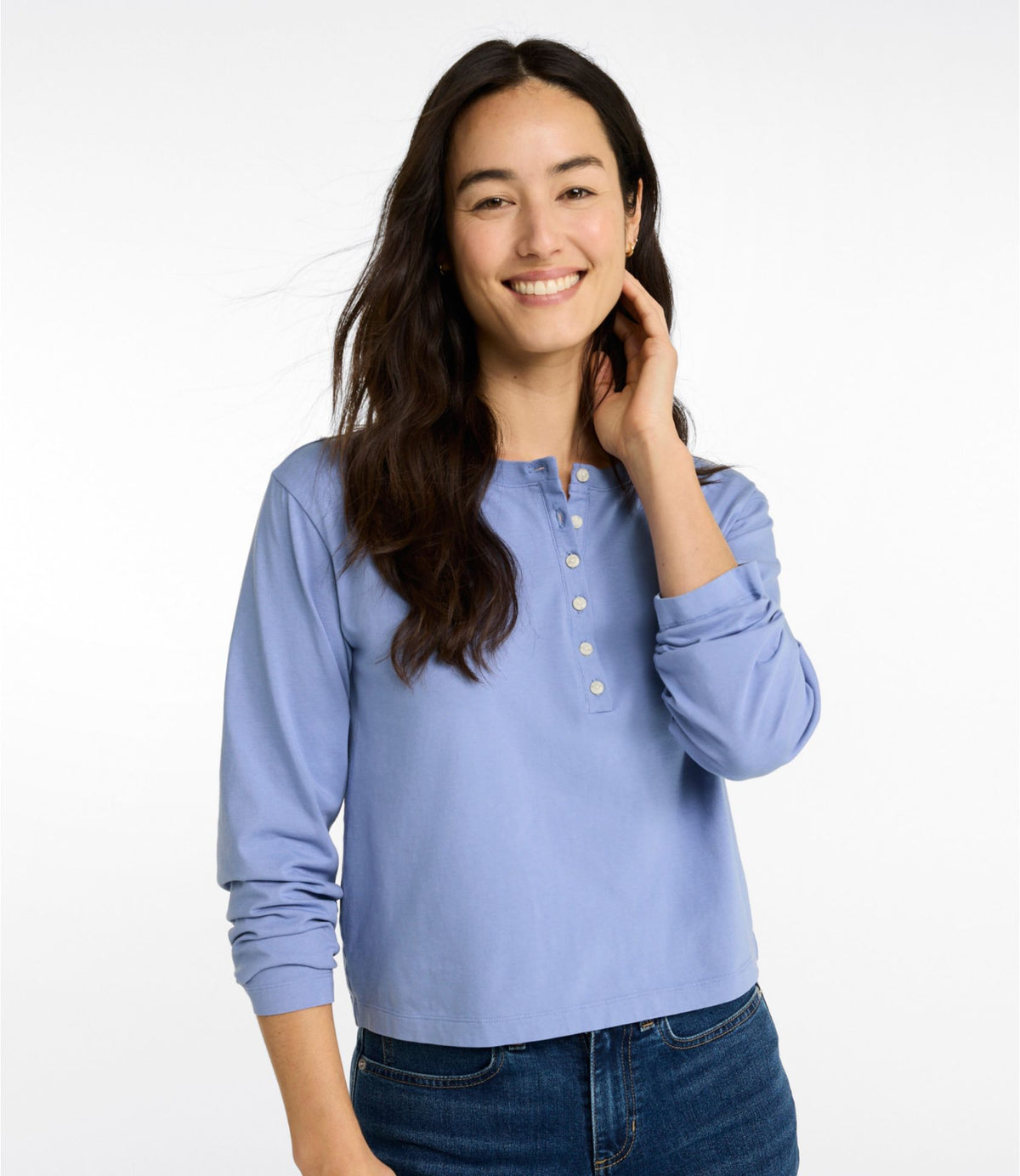 L.L.Bean Women's Sunwashed Tee, Long-Sleeve Cropped Boxy Henley Classic Navy