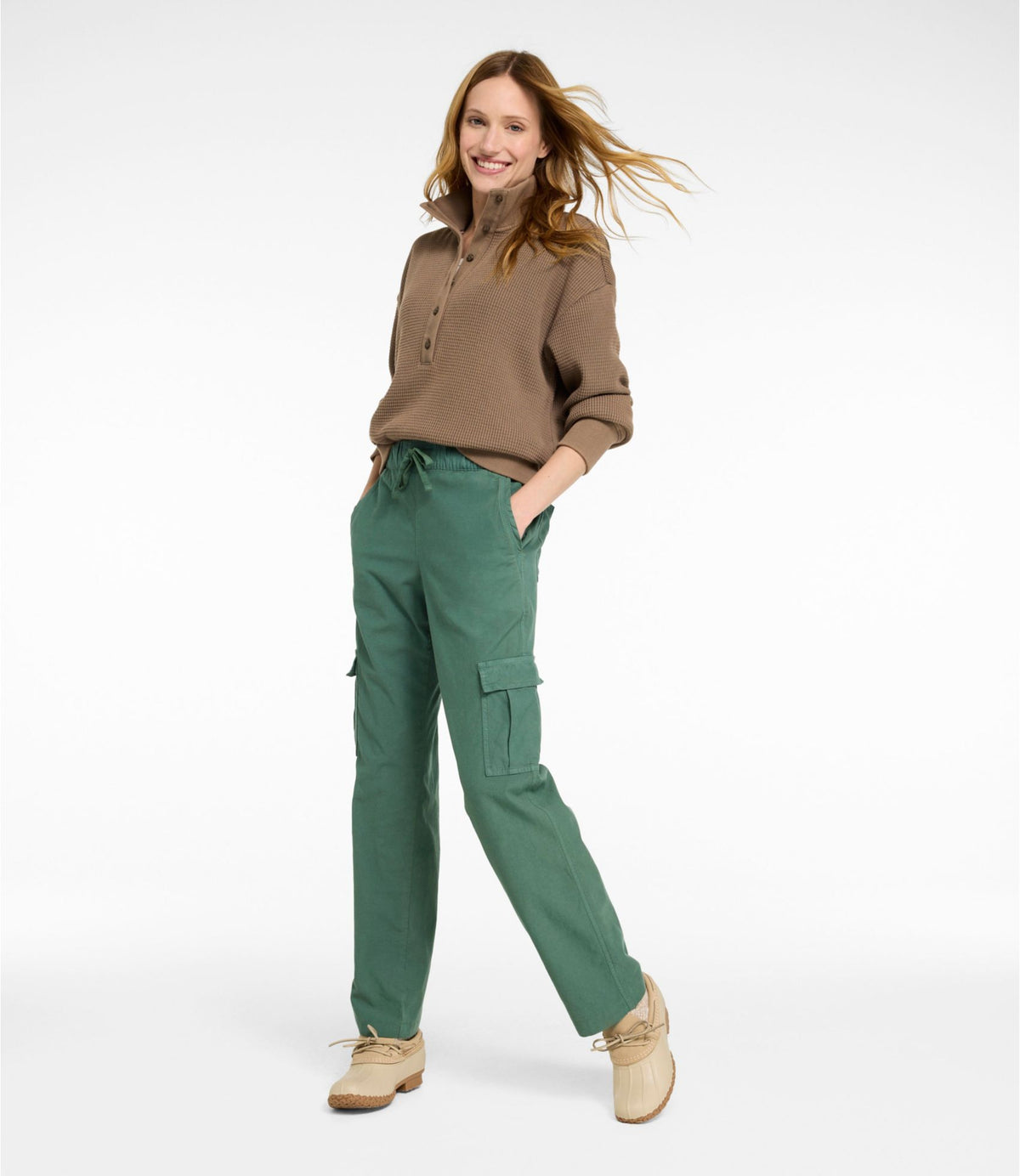 L.L.Bean Women's Sunwashed Cotton-Blend Pull-On Pants, Mid-Rise Cargo Dark Cocoa