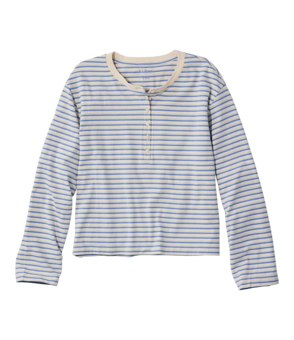 L.L.Bean Women's Sunwashed Tee, Long-Sleeve Cropped Boxy Henley Novelty Cream/Deep Lake/Surf Blue