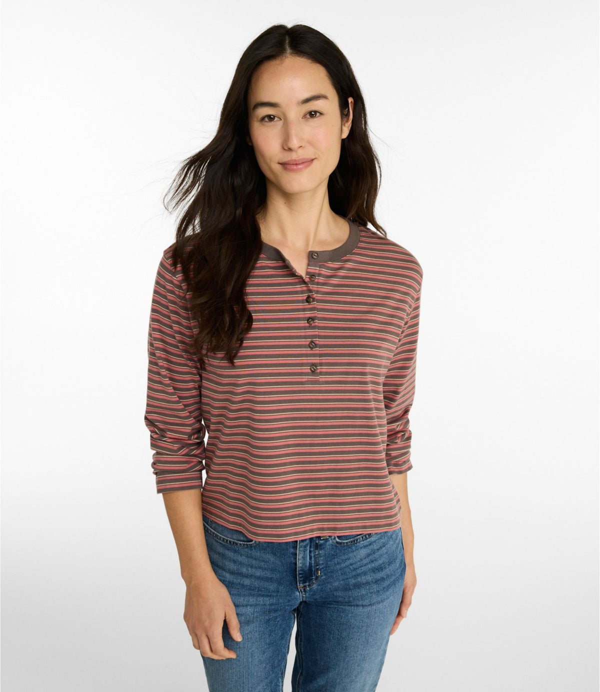 L.L.Bean Women's Sunwashed Tee, Long-Sleeve Cropped Boxy Henley Novelty Cream/Deep Lake/Surf Blue