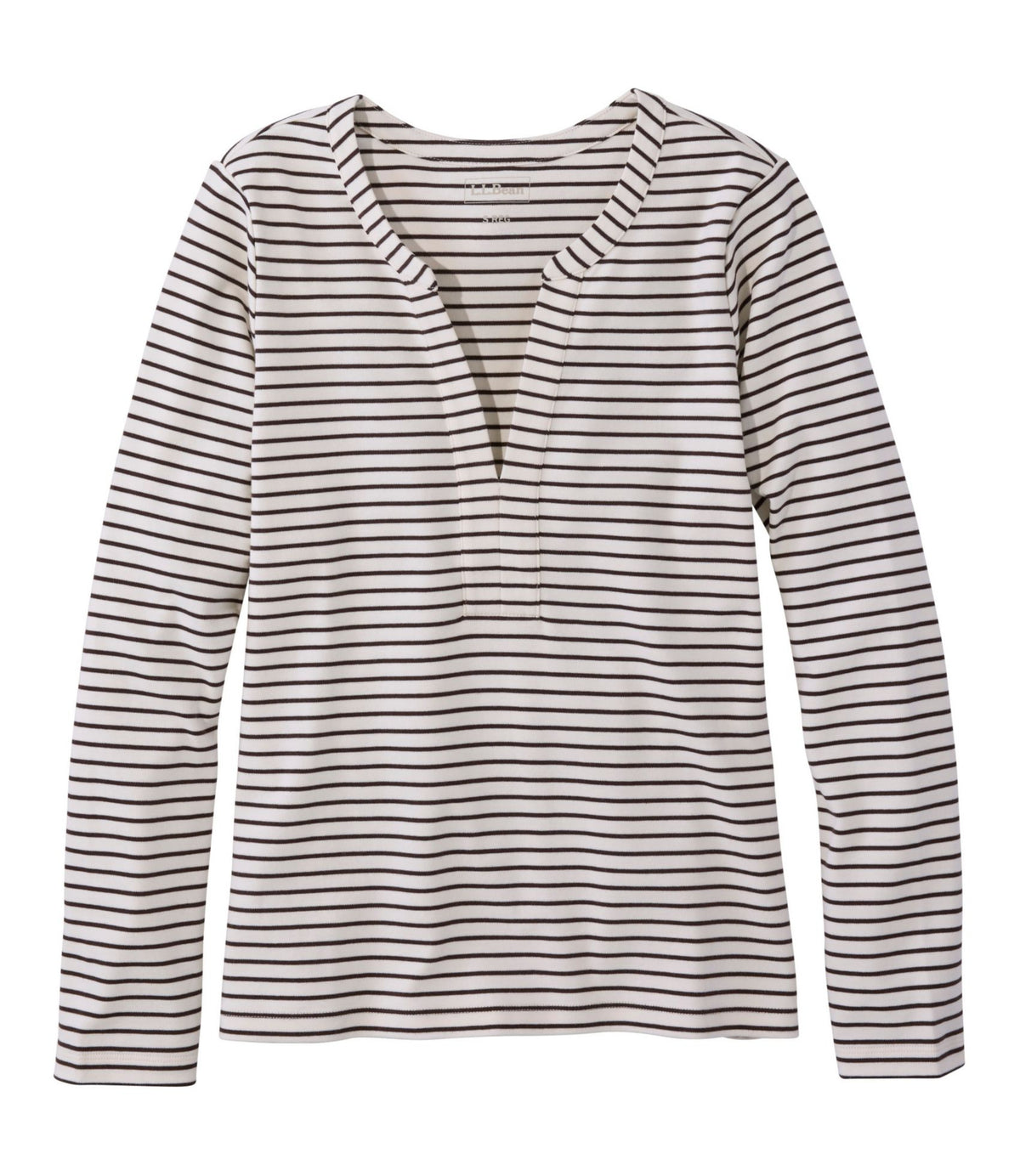 L.L.Bean Women's L.L.Bean Tee, Long-Sleeve Splitneck Stripe Cream/Deepest Brown