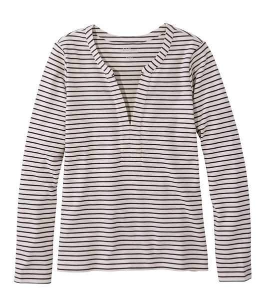 L.L.Bean Women's L.L.Bean Tee, Long-Sleeve Splitneck Stripe Cream/Deepest Brown
