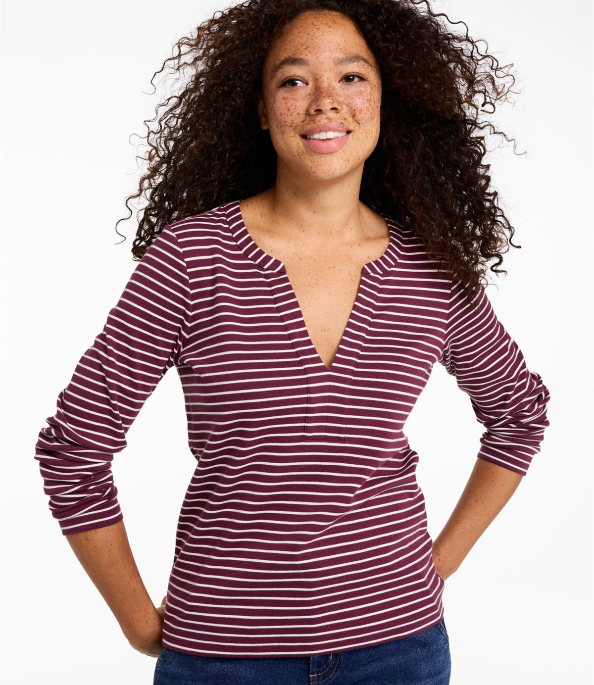 L.L.Bean Women's L.L.Bean Tee, Long-Sleeve Splitneck Stripe Cream/Deepest Brown