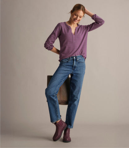 L.L.Bean Women's L.L.Bean Tee, Long-Sleeve Splitneck Stripe Cream/Deepest Brown