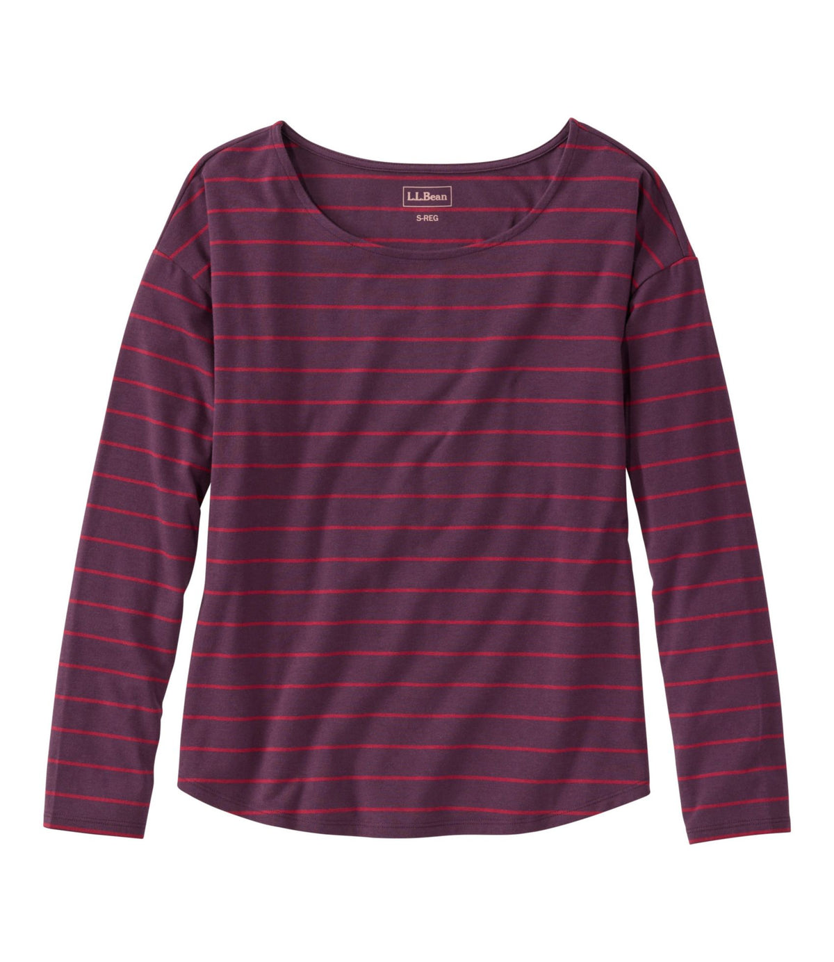 L.L.Bean Women's Soft Stretch Supima-Blend Tee, Long Dolman-Sleeve Jewelneck Stripe Eggplant/Bordeaux