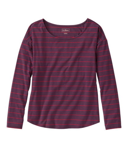 L.L.Bean Women's Soft Stretch Supima-Blend Tee, Long Dolman-Sleeve Jewelneck Stripe Eggplant/Bordeaux