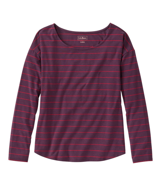 L.L.Bean Women's Soft Stretch Supima-Blend Tee, Long Dolman-Sleeve Jewelneck Stripe Eggplant/Bordeaux