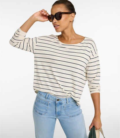 L.L.Bean Women's Soft Stretch Supima-Blend Tee, Long Dolman-Sleeve Jewelneck Stripe Eggplant/Bordeaux