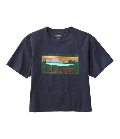L.L.Bean Women's Mountain Classic Tee, Short-Sleeve Cropped Boxy Crewneck Logo Classic Navy Outdoor Tradition