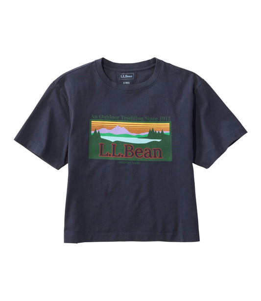 L.L.Bean Women's Mountain Classic Tee, Short-Sleeve Cropped Boxy Crewneck Logo Classic Navy Outdoor Tradition