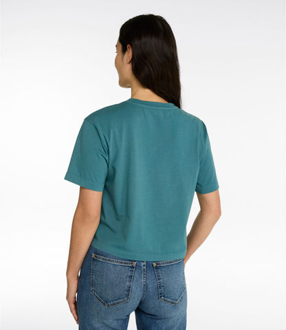 L.L.Bean Women's Mountain Classic Tee, Short-Sleeve Cropped Boxy Crewneck Logo Classic Navy Outdoor Tradition