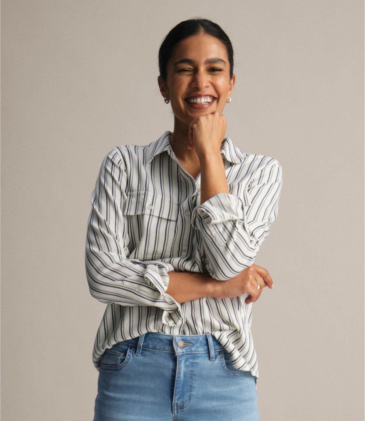 L.L.Bean Women's Soft-Washed Utility Shirt Bone Stripe