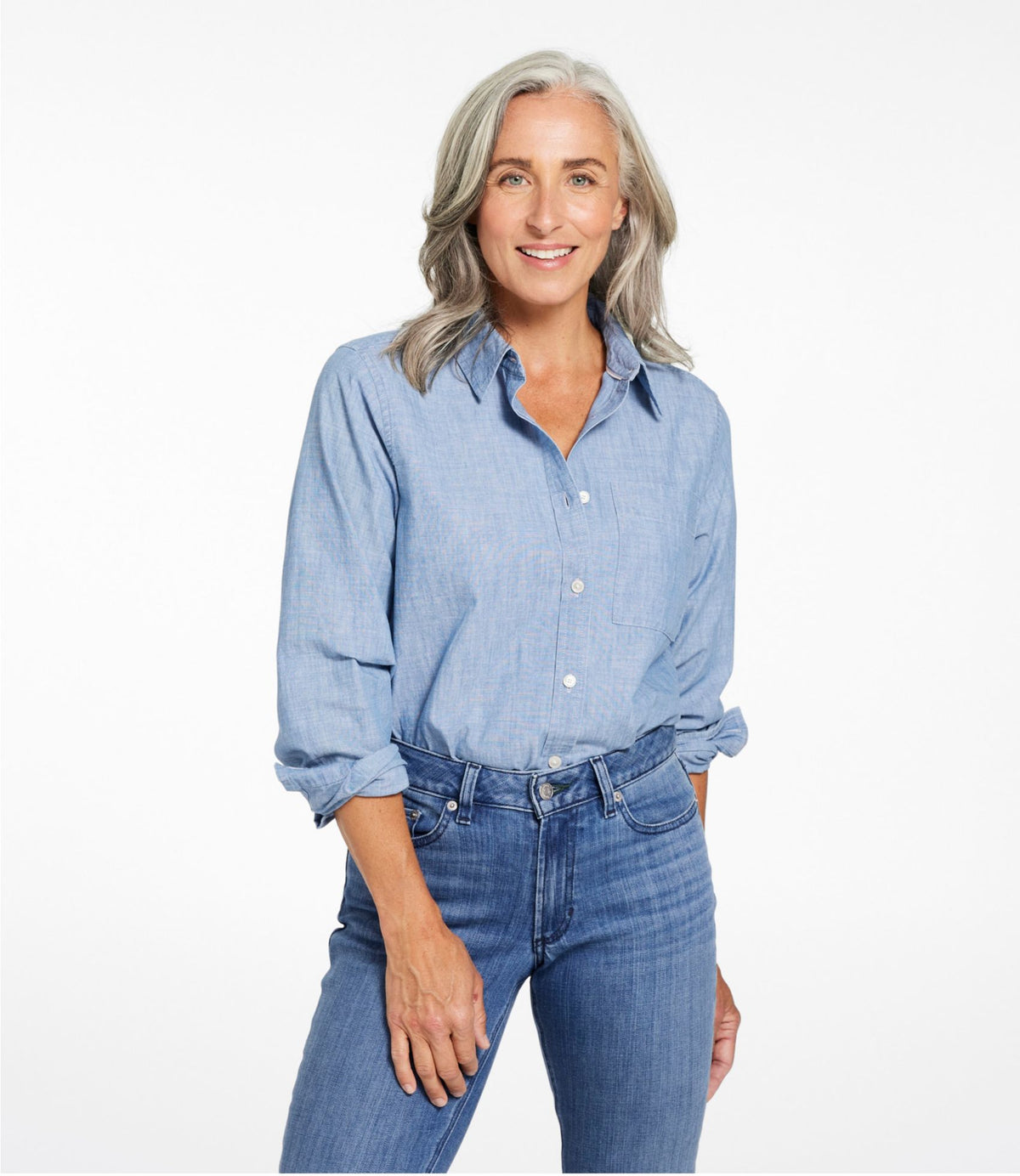 L.L.Bean Women's Essential Cotton Shirt, Chambray Long Sleeve Clean Indigo
