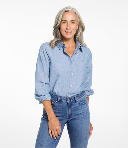 L.L.Bean Women's Essential Cotton Shirt, Chambray Long Sleeve Clean Indigo