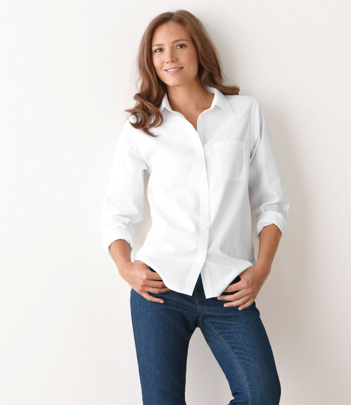 L.L.Bean Women's Wrinkle-Free Pinpoint Oxford Shirt, Long-Sleeve Relaxed Fit White