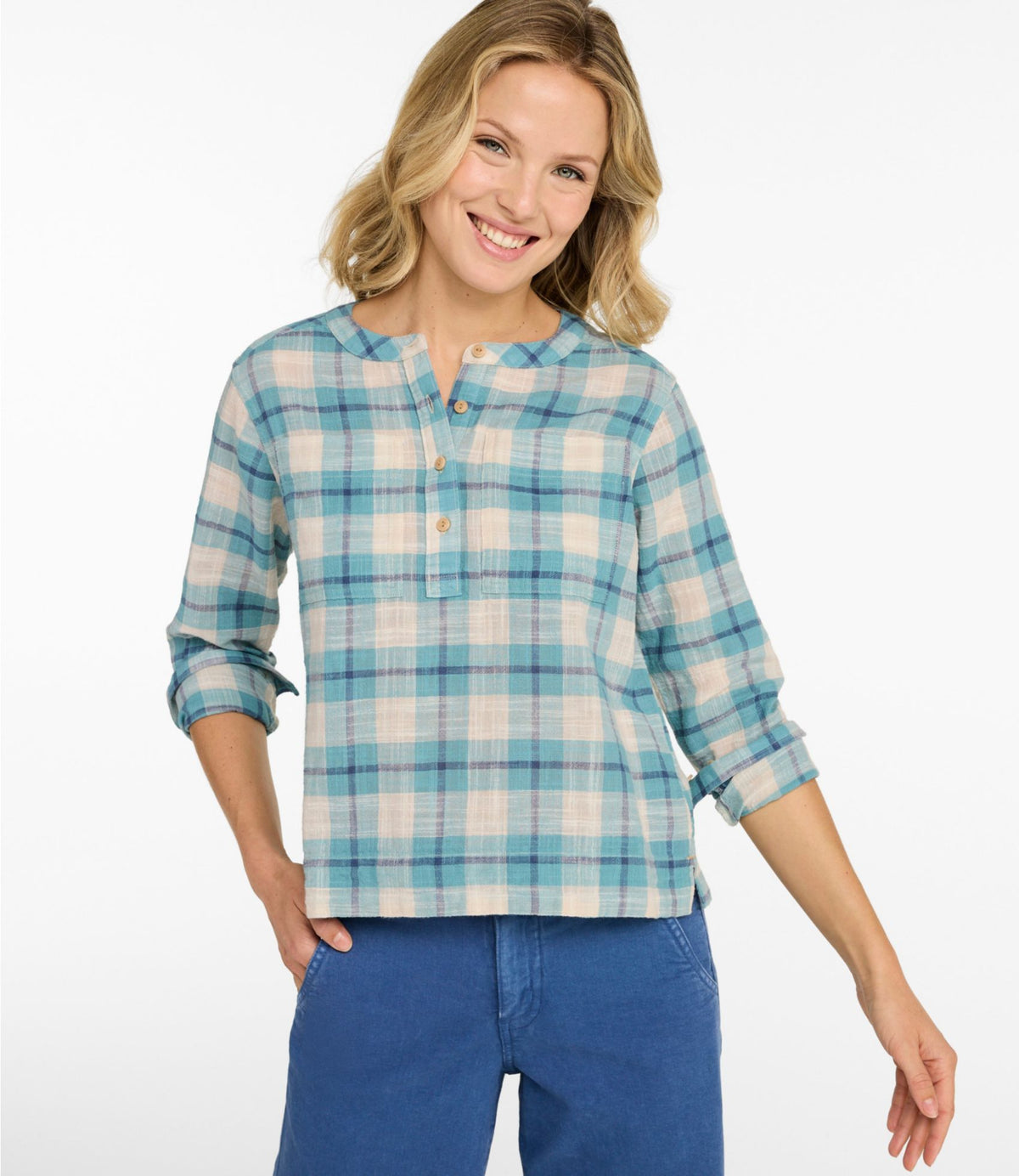 L.L.Bean Women's L.L.Bean Day Breeze Shirt, Long-Sleeve Collarless Carbon Navy