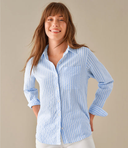 L.L.Bean Women's Bean's Seacoast Seersucker Big Shirt White Stripe