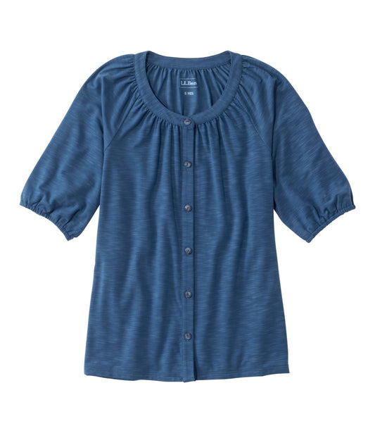 L.L.Bean Women's Camden Hills Tee, Elbow-Sleeve Button-Front Shirt Bright Mariner