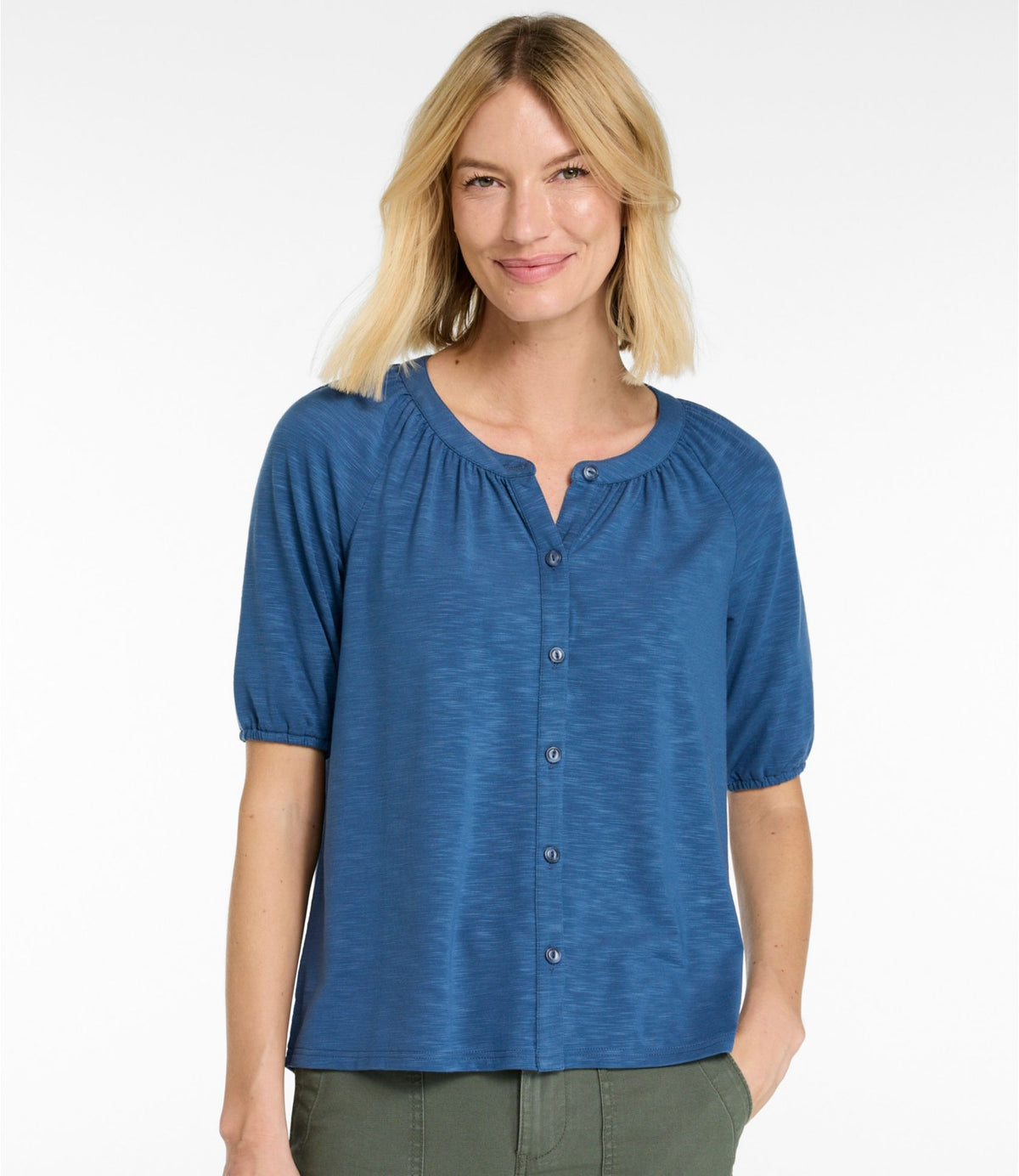 L.L.Bean Women's Camden Hills Tee, Elbow-Sleeve Button-Front Shirt Bright Mariner