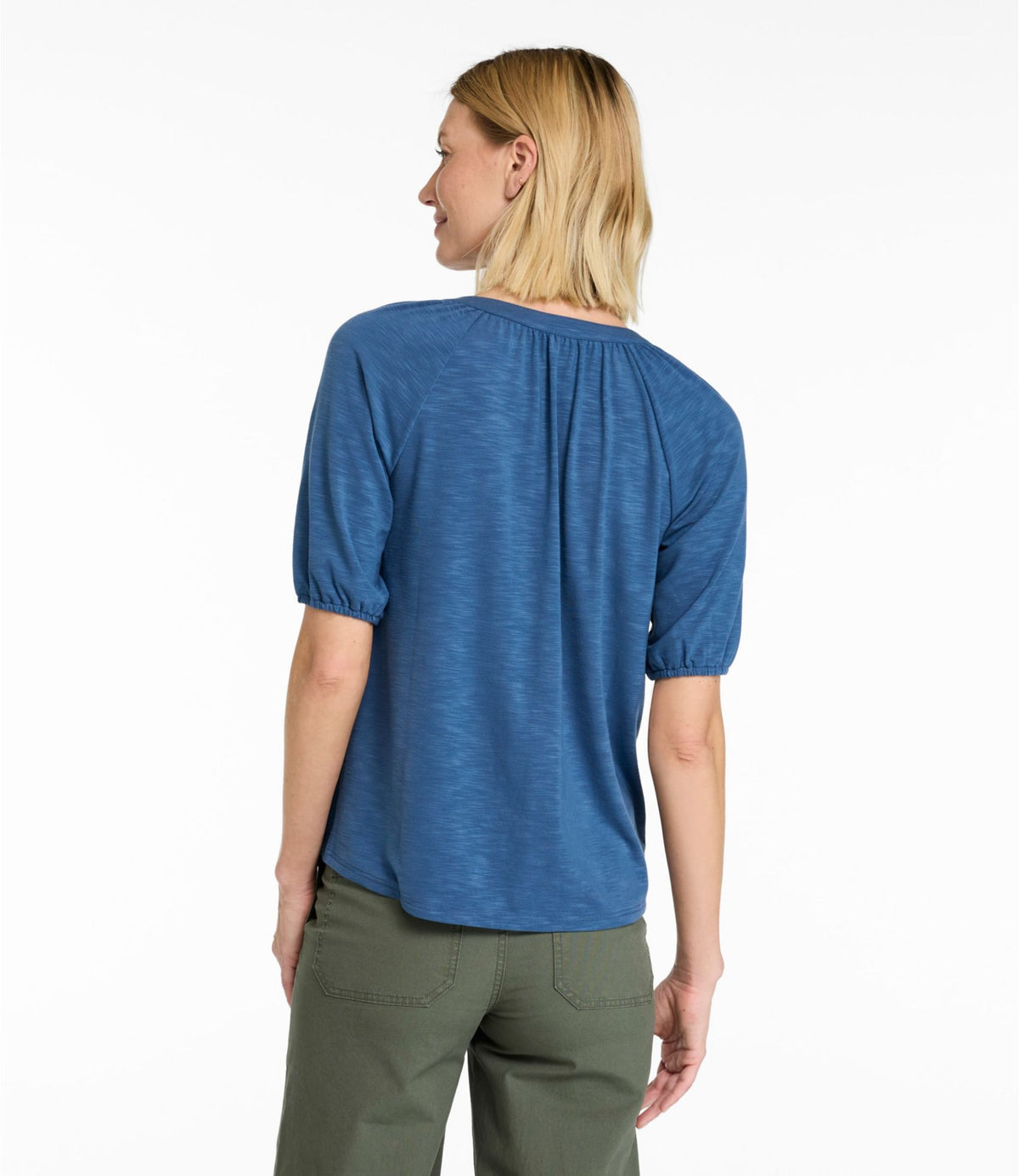 L.L.Bean Women's Camden Hills Tee, Elbow-Sleeve Button-Front Shirt Bright Mariner