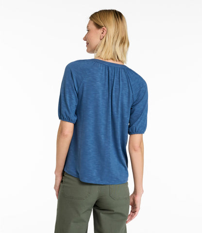 L.L.Bean Women's Camden Hills Tee, Elbow-Sleeve Button-Front Shirt Bright Mariner