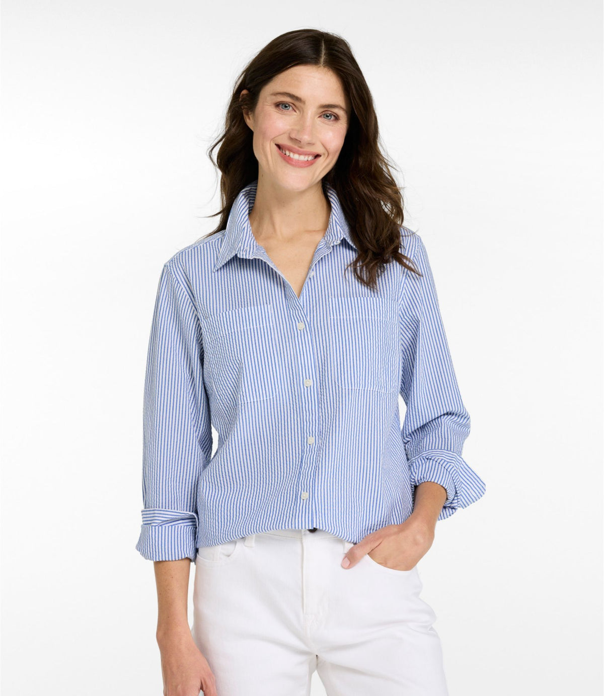 L.L.Bean Women's Vacationland Seersucker Shirt, Long-Sleeve White