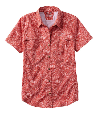 L.L.Bean Women's Tropicwear Shirt, Short-Sleeve Print Dark Salmon Botanical