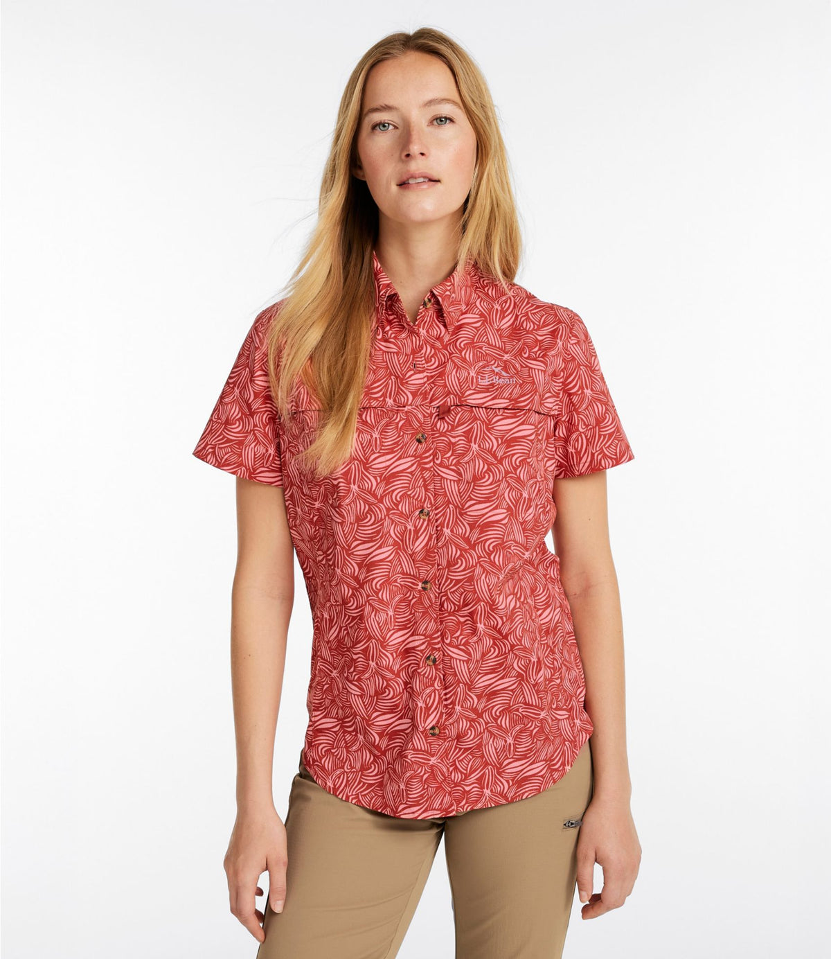 L.L.Bean Women's Tropicwear Shirt, Short-Sleeve Print Dark Salmon Botanical