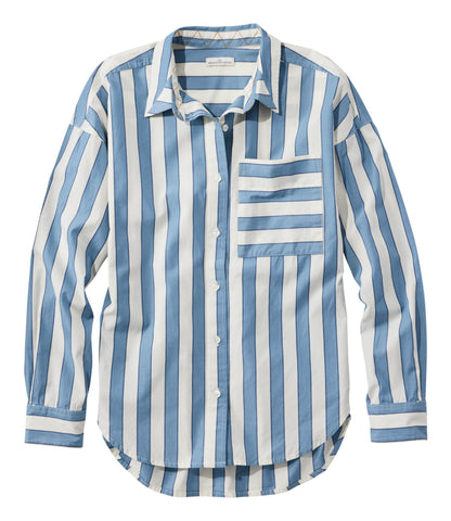 L.L.Bean Women's Signature Premium Essential Poplin Shirt, Long-Sleeve Novelty Stripe Baltic Blue/Sailcloth