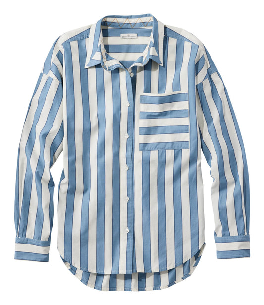 L.L.Bean Women's Signature Premium Essential Poplin Shirt, Long-Sleeve Novelty Stripe Baltic Blue/Sailcloth
