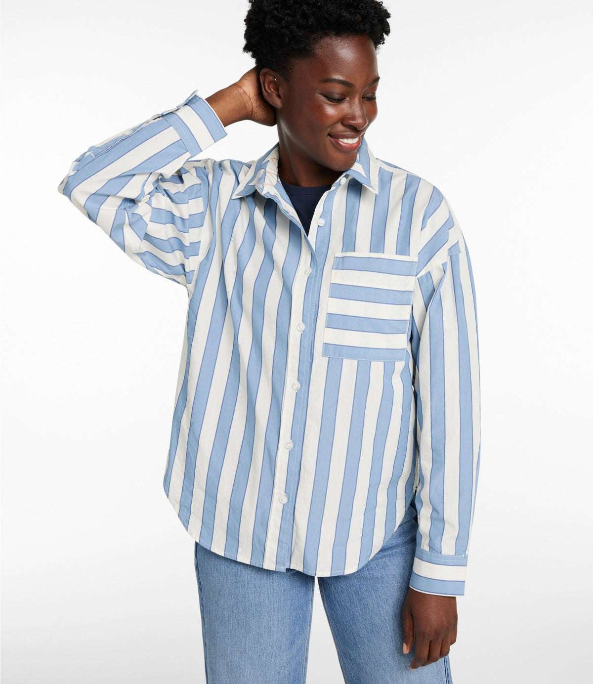 L.L.Bean Women's Signature Premium Essential Poplin Shirt, Long-Sleeve Novelty Stripe Baltic Blue/Sailcloth