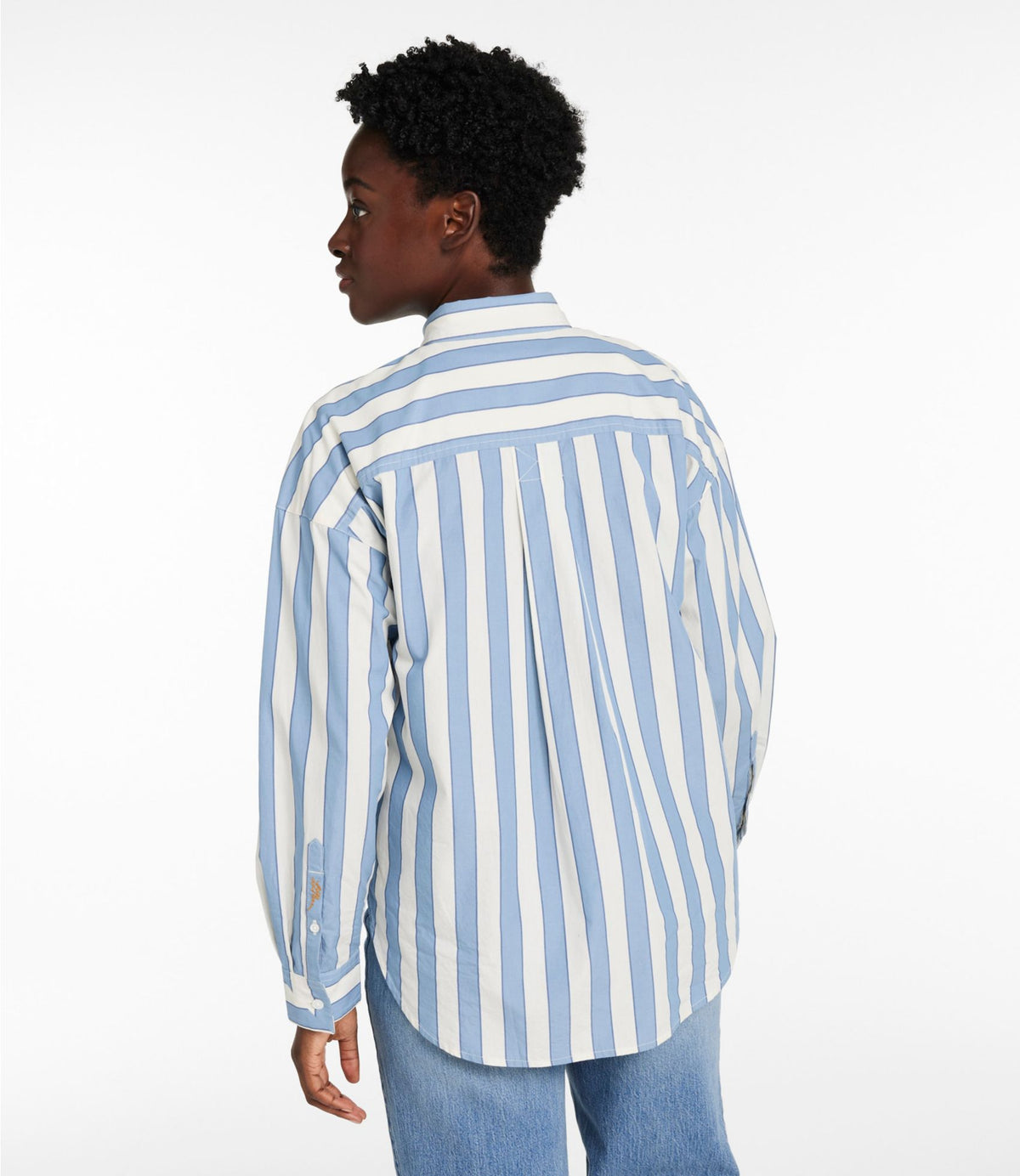 L.L.Bean Women's Signature Premium Essential Poplin Shirt, Long-Sleeve Novelty Stripe Baltic Blue/Sailcloth