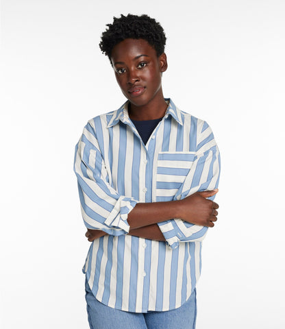 L.L.Bean Women's Signature Premium Essential Poplin Shirt, Long-Sleeve Novelty Stripe Baltic Blue/Sailcloth