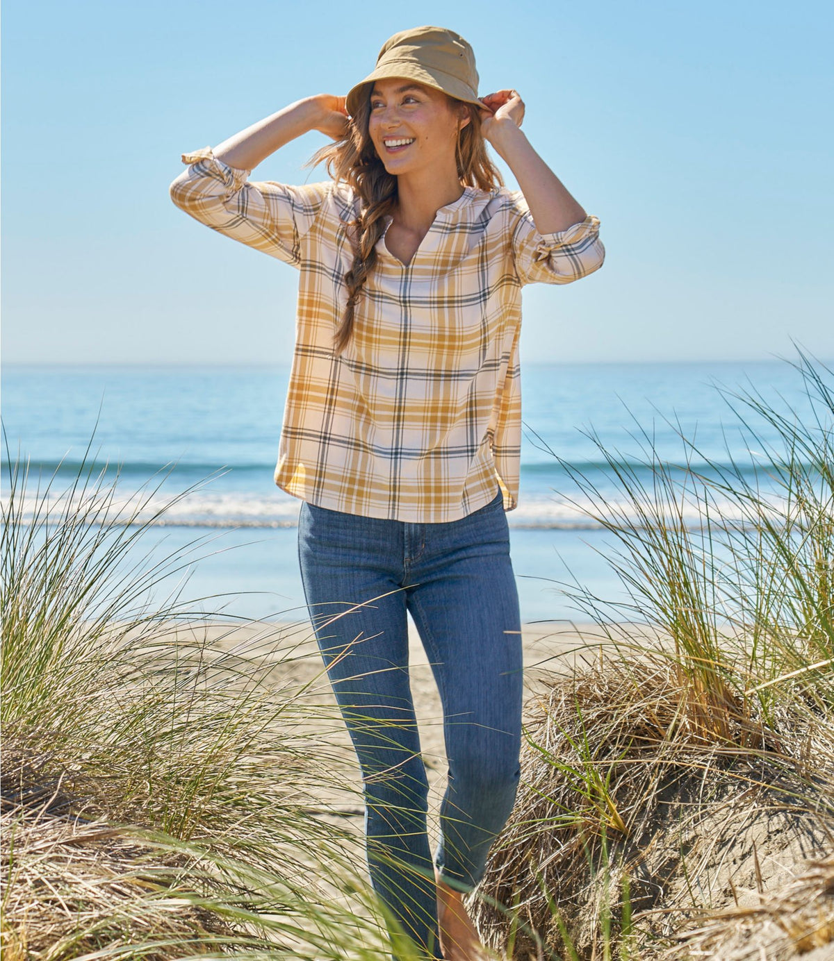 L.L.Bean Women's Whisperweight Flannel Popover Shirt Faded Orange Plaid