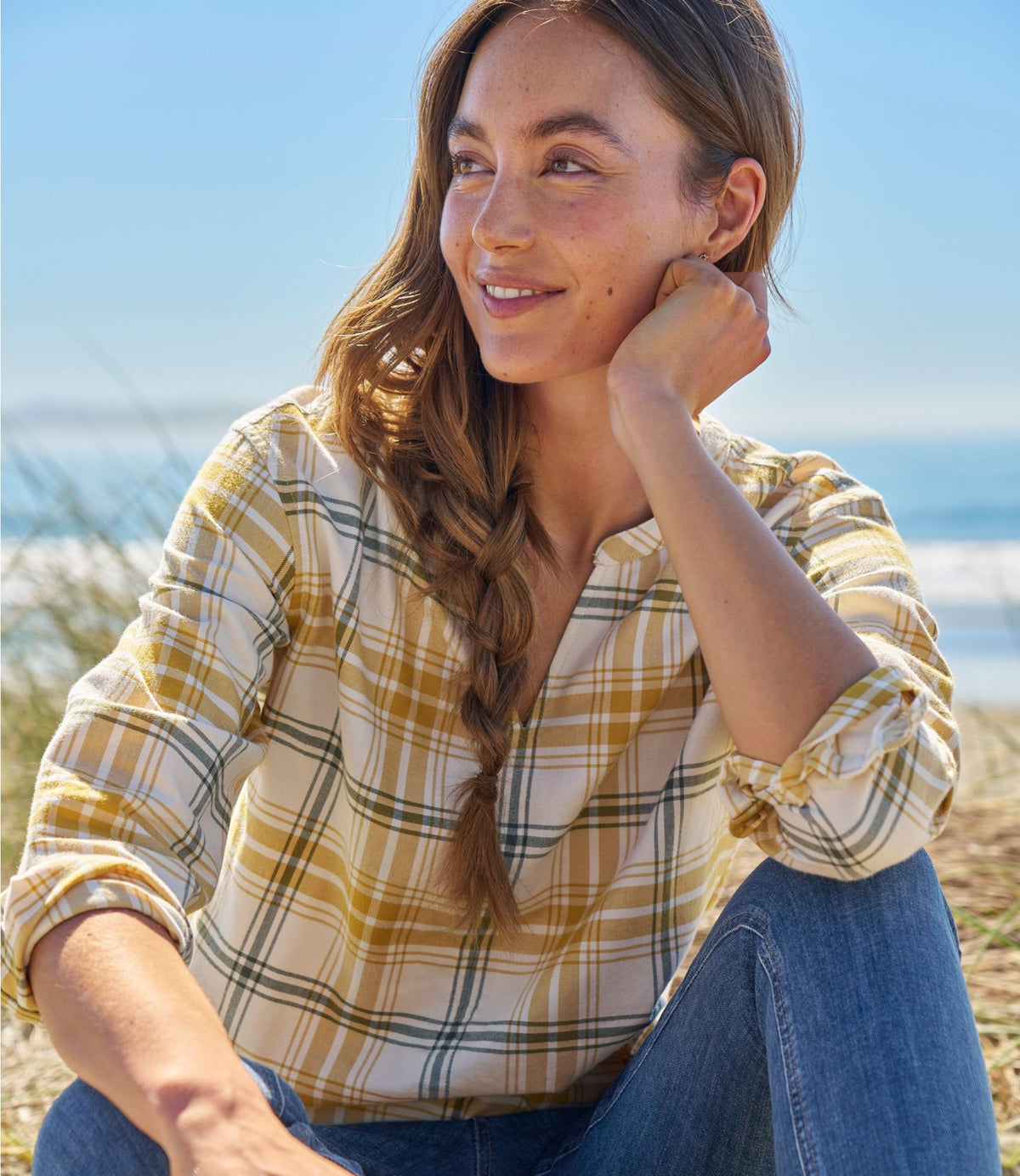 L.L.Bean Women's Whisperweight Flannel Popover Shirt Faded Orange Plaid