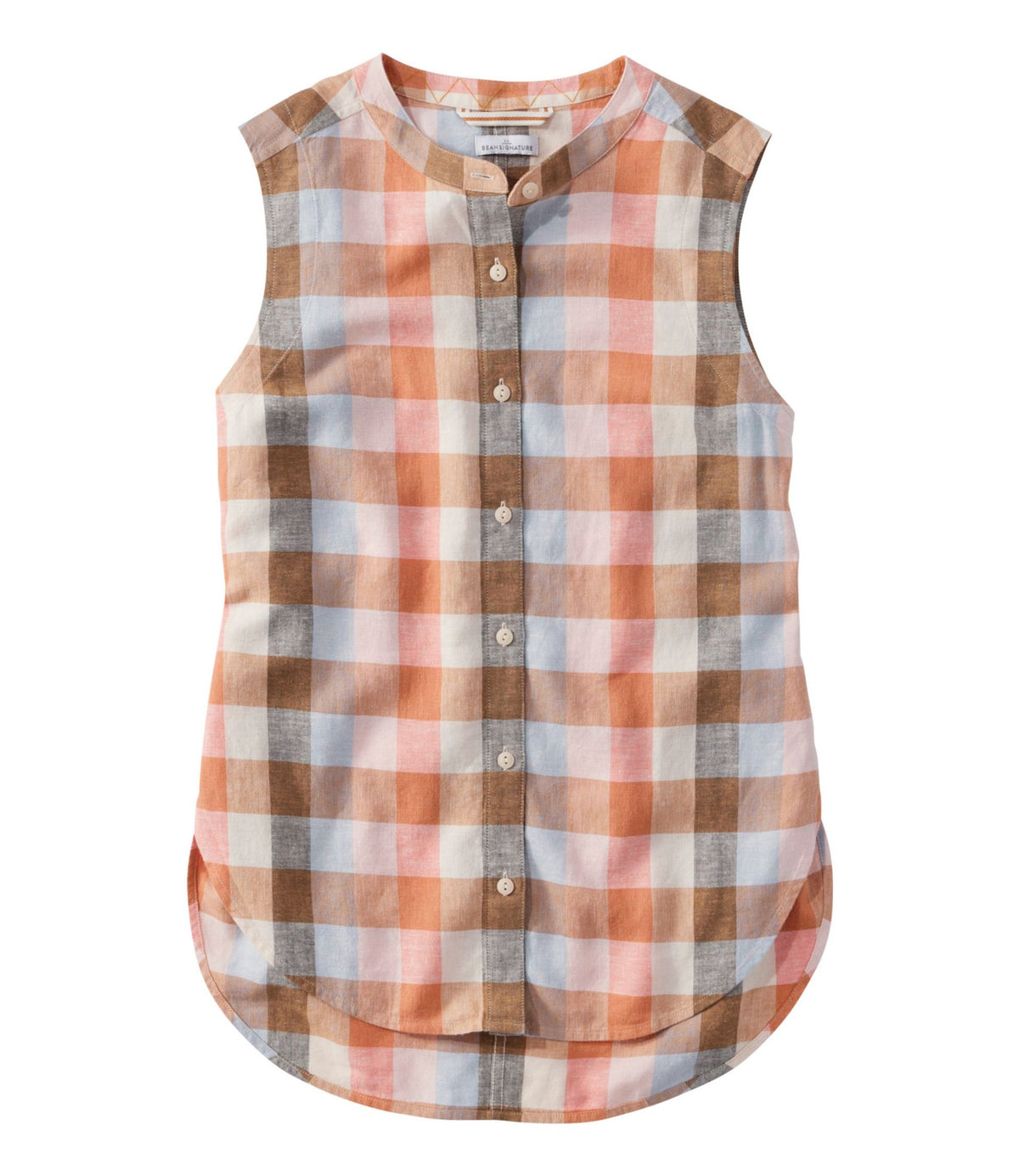 L.L.Bean Women's Signature Linen-Blend Button-Front Shirt, Sleeveless Sand Dune Plaid