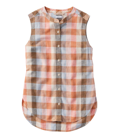 L.L.Bean Women's Signature Linen-Blend Button-Front Shirt, Sleeveless Sand Dune Plaid